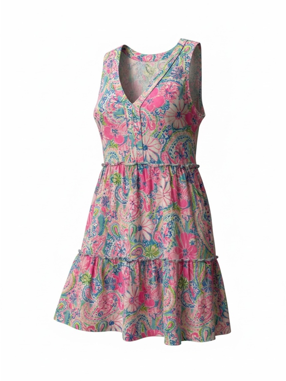 Lilly Pulitzer Pink Blue Green Paisley Tiered Sleeveless Midi Dress